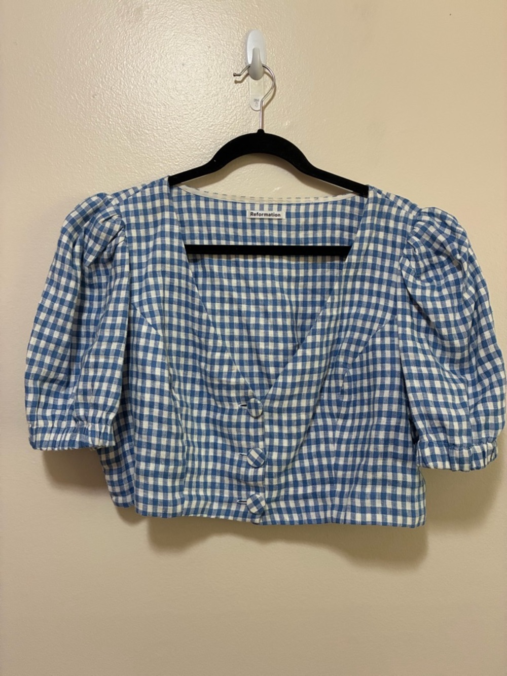 Reformation Ethel Two Piece Set Blue Gingham Mini Skirt Puff sleeve crop top 12 - Picture 5 of 15